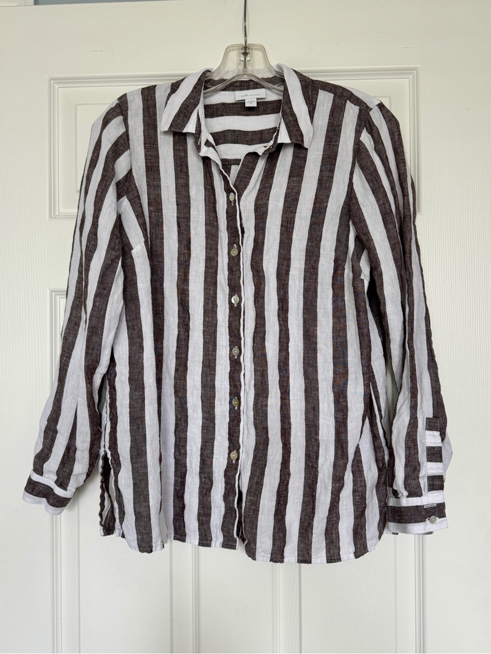 J. Jill Black and White Vertical Stripe Linen Button-Down Shirt